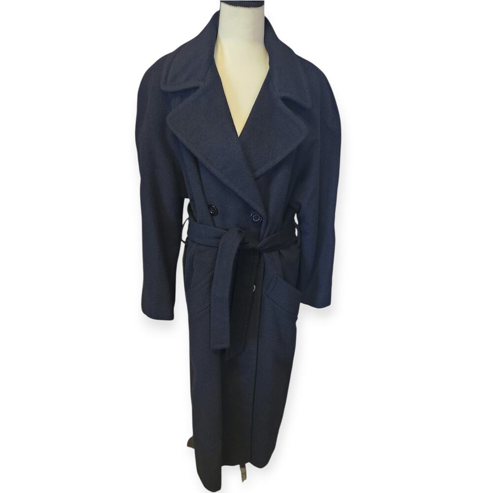 100% Camel Hair Vintage Jonathan Michael Long Black Belted Trench Coat Women 10